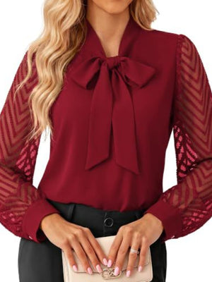 Bow-Tie Blouse With Sheer Chevron Sleeves in Black