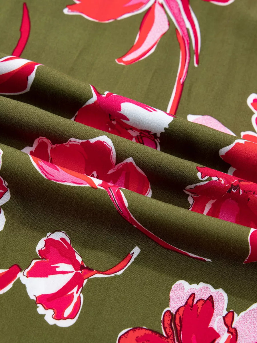 Print Split Neck Dress in olive green with large red and pink floral print.