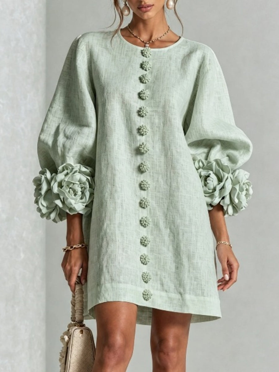 3D Floral Sleeve Round Neck Mini Dress Plus Size in Blue
