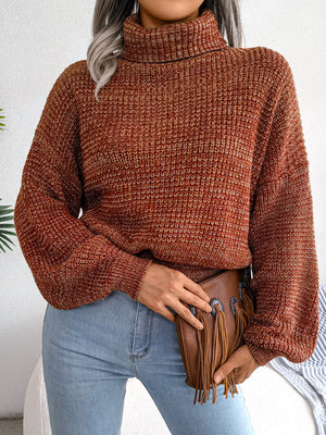 Caramel turtleneck sweater with waist-length and pullover