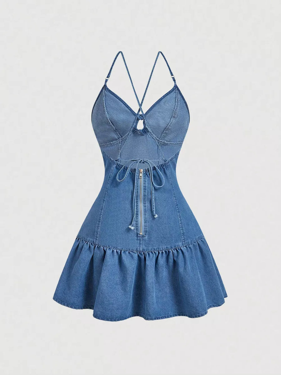 85% cotton, 15% polyester Care instructions: Machine wash cold mini dress in Blue with fit-and-flare silhouette