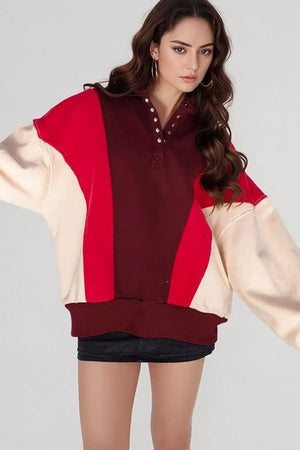 burgundy sweatshirt with color-block and henley