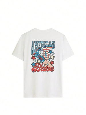 White graphic t-shirt with American Babe text and patriotic design.