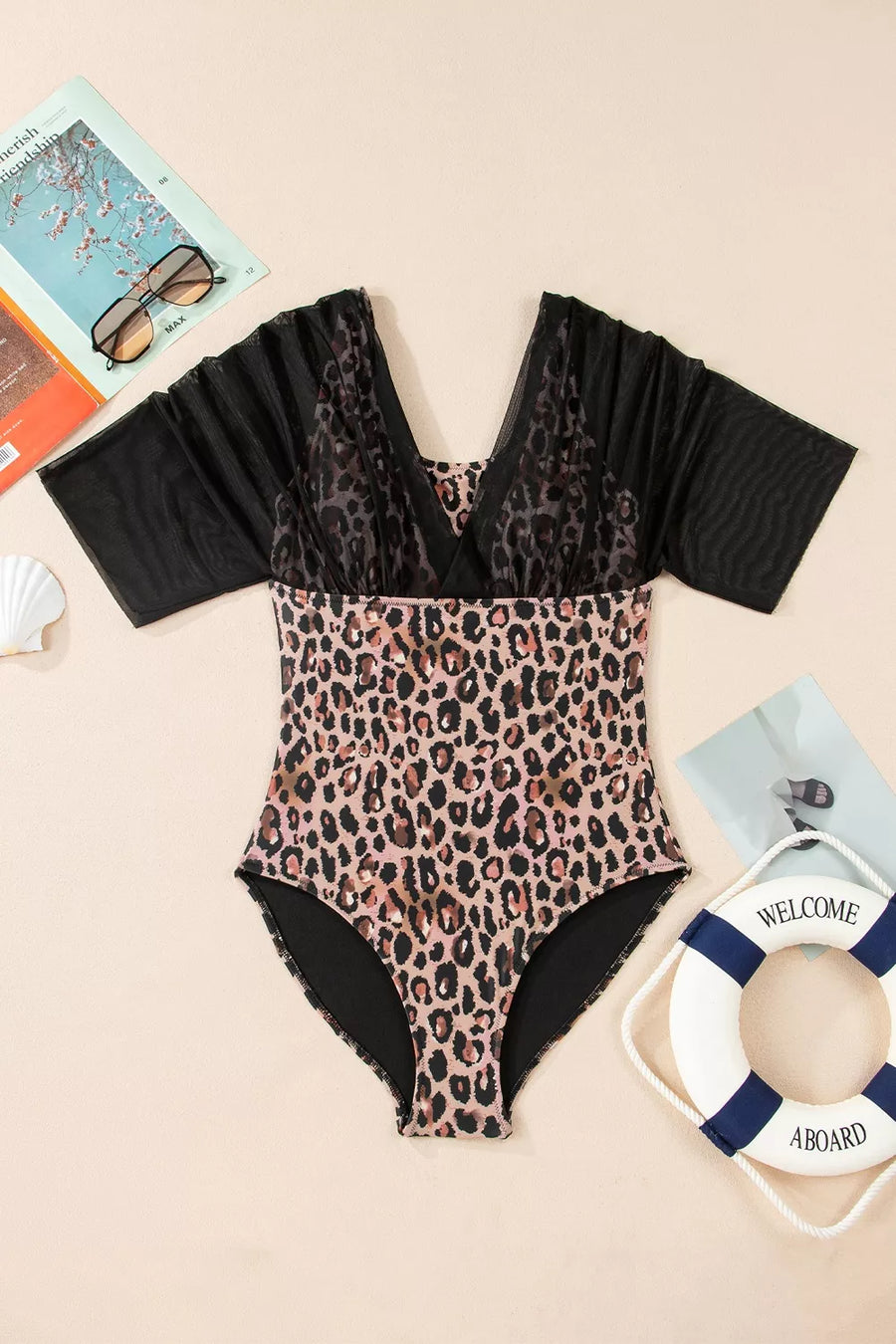 Leopard bodycon one-piece swimsuit with v-neck