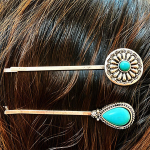 Turquoise blossom and teardrop hair pins, boho alloy hair accessories