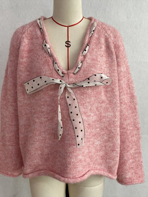 Chic V-Neck Sweater With Polka Dot Ribbon Tie in Yellow with tied detail