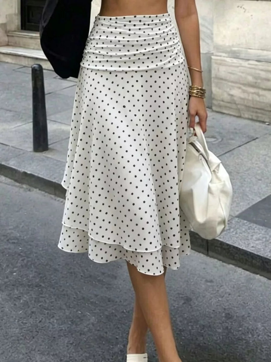White Polka Dot Ruched Waist Midi Skirt