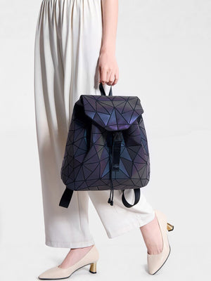 black PVC Imported Size & backpack with geometric and drawstring, snap