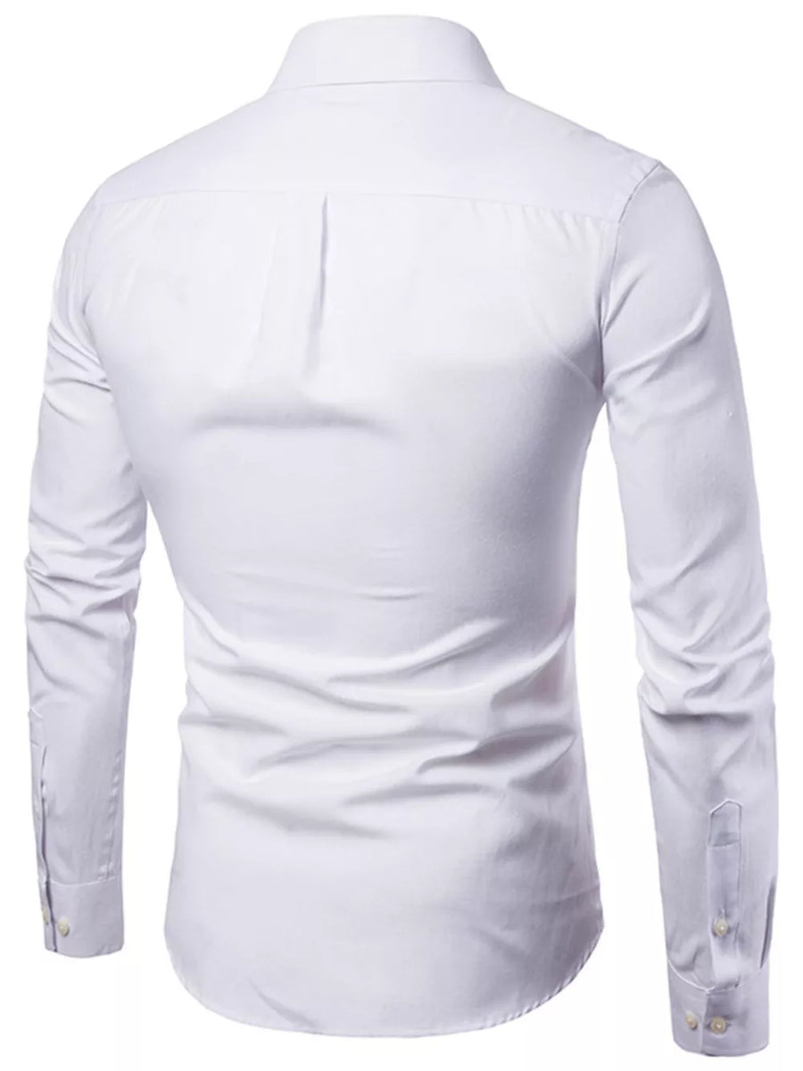White cotton button-down shirt with long sleeves and buttoned cuffs.