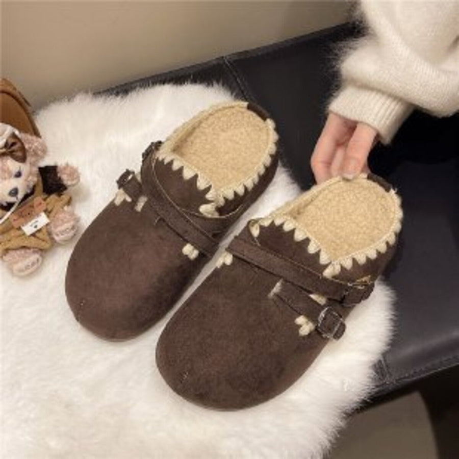 Decorative Buckle Slip-On Flats in chocolate brown with fluff lining