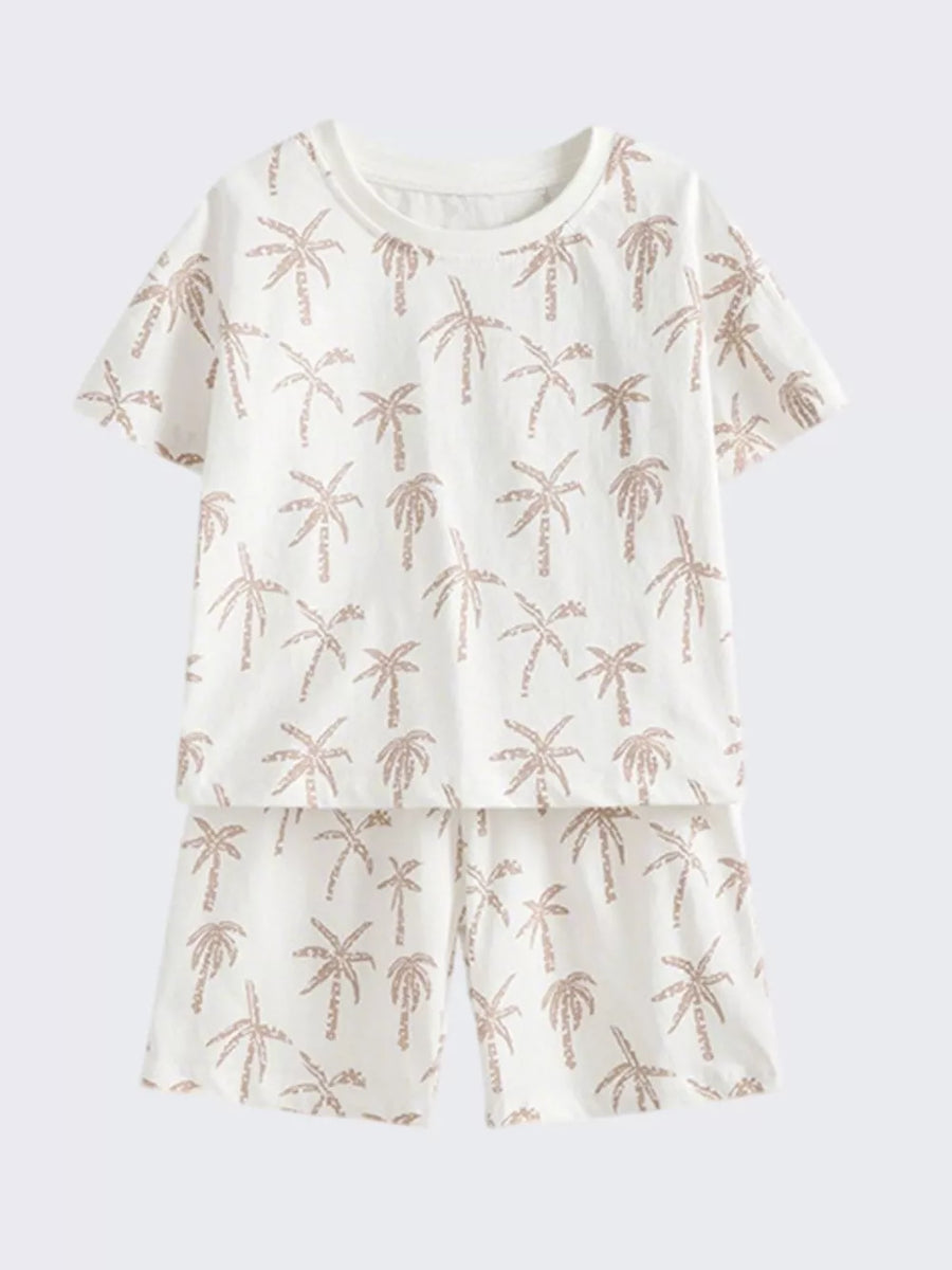 Boys' beige cotton palm print t-shirt and shorts set
