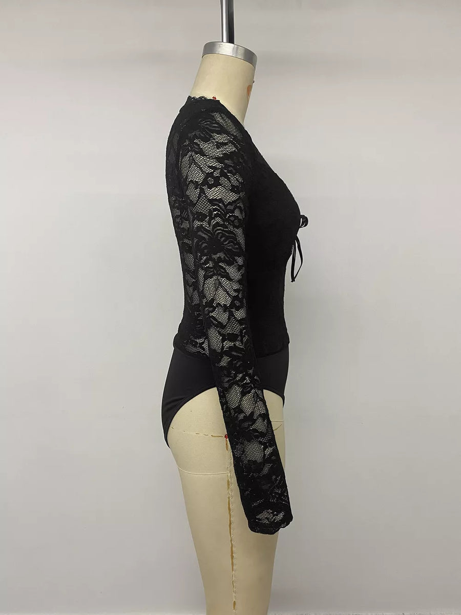 Black lace long sleeve bodysuit with tie front