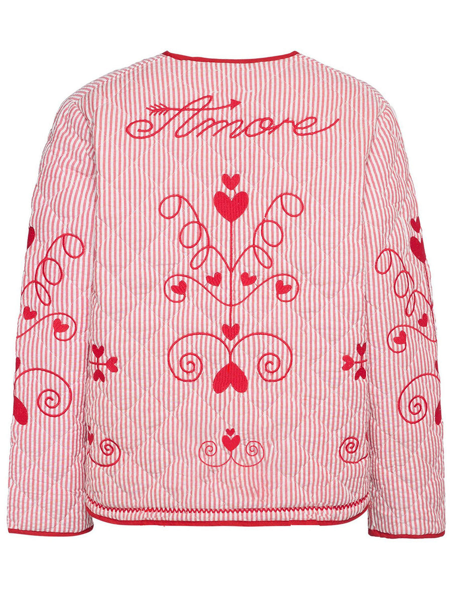 Heart embroidered seersucker jacket in deep red with quilted detail and bow accents.