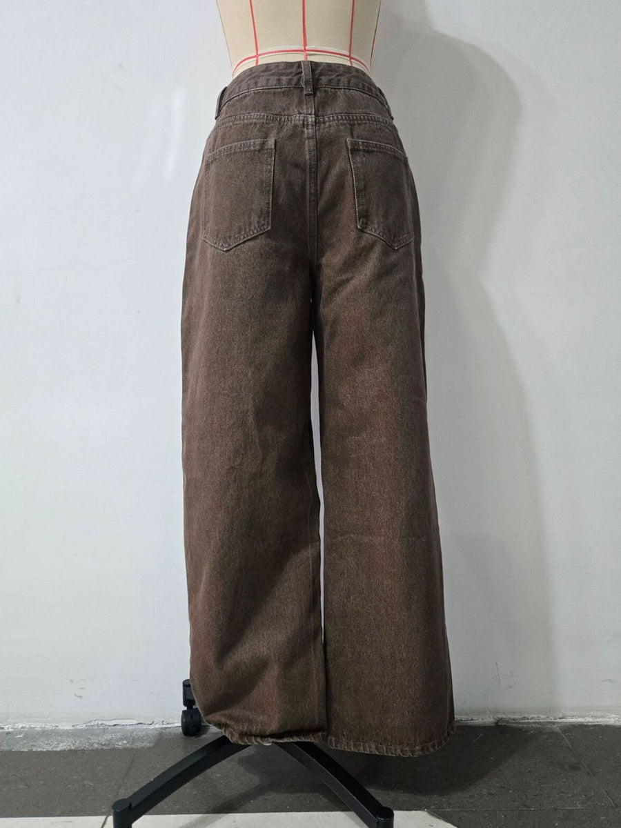 wide-leg jeans in dark brown with drawstring waist and full-length