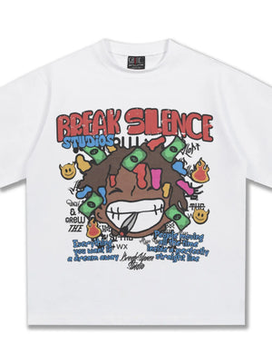White cotton blend graphic tee with bold "Break Silence Studios" print and cartoon face.