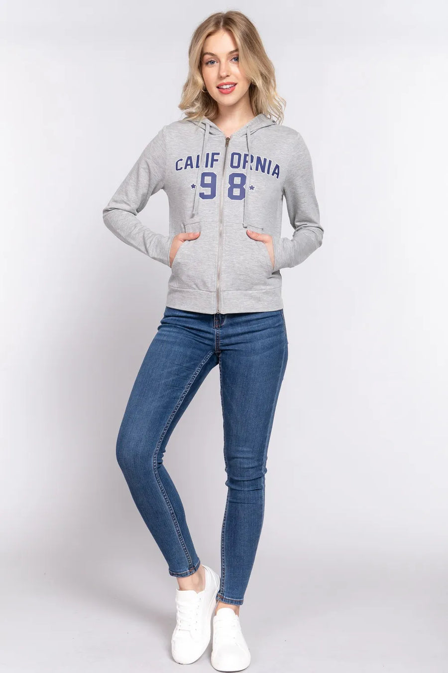 Grey zip hoodie with California '98 graphic, long sleeves, and front pockets.