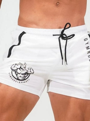 White athletic shorts with drawstring and graphic logo detail