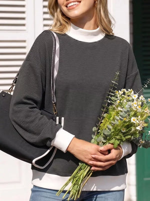 sage green sweatshirt with pullover and striped