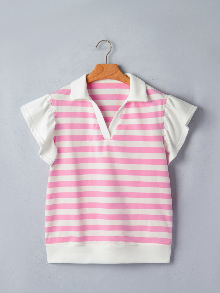 Pink and white striped cotton blouse with ruffled sleeves and collar