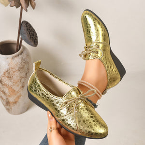 gold loafers with lace-up and abstract-print