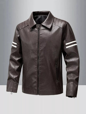 Men's coffee leather motorcycle jacket with white stripe detail on sleeves.