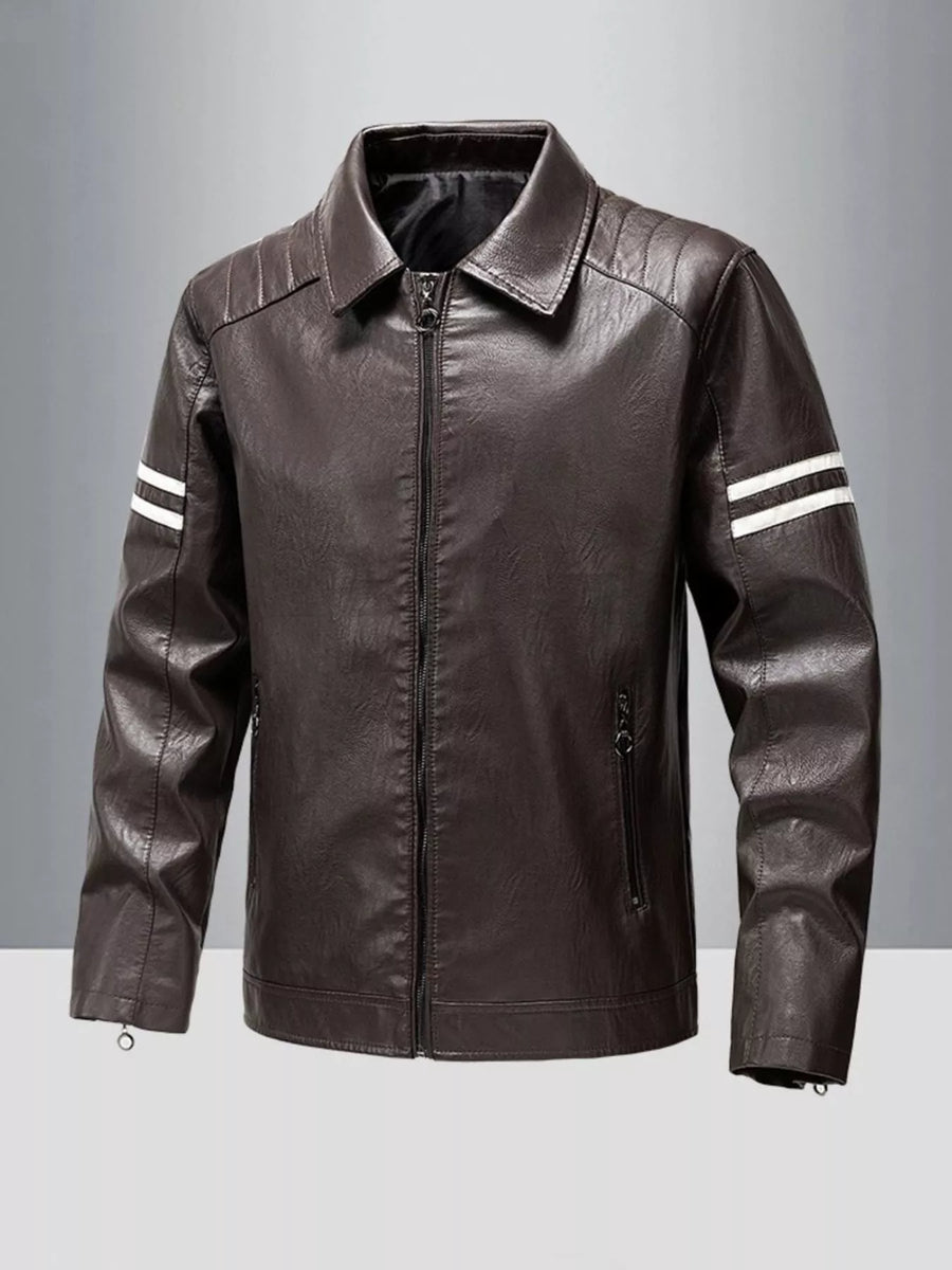Men's coffee leather motorcycle jacket with white stripe detail on sleeves.