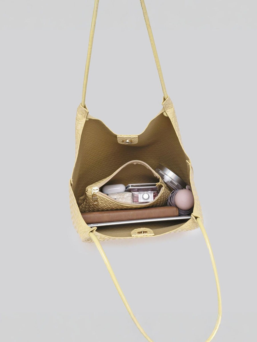 Elegant Woven Texture Tote Handbag in pale yellow with woven texture