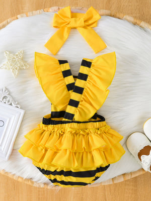 Yellow bee striped ruffle bodysuit dress with matching headband.