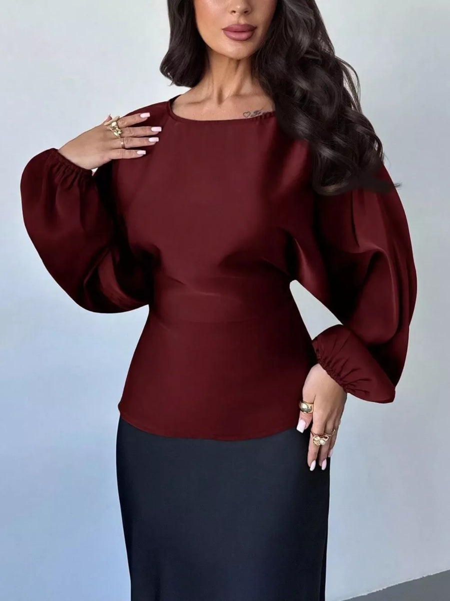 blouse in Dark Red with elastic cuffs and hip-length