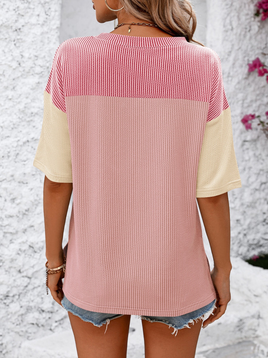 Mandy Color Pop T-Shirt in Deep Rose/Pink with cream sleeves and striped detail.