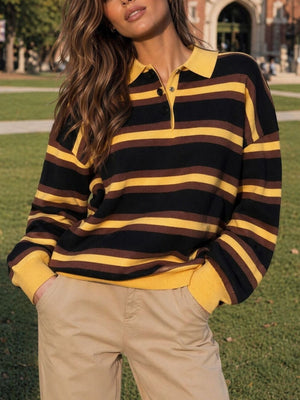 black pullover sweater with striped and collared