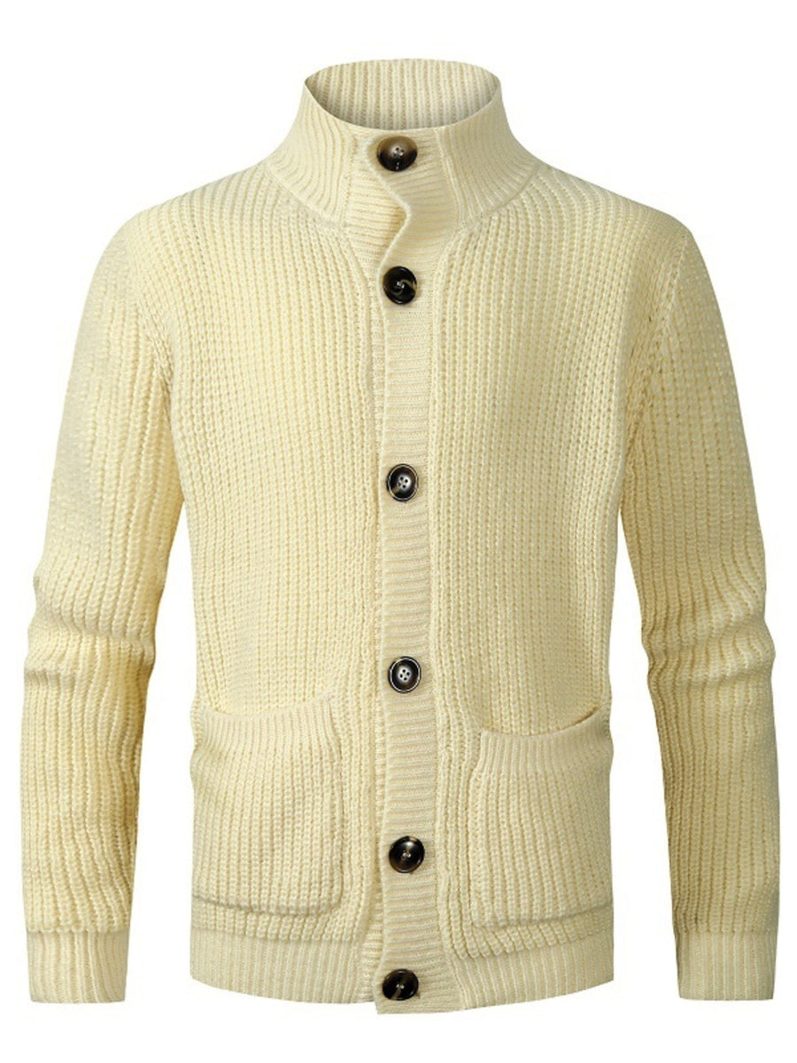 Black cardigan featuring buttoned and ribbed knit