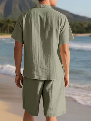 Men's casual short sleeve shirt and shorts ensemble in Army Green.