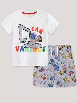 Toddler tee and shorts set with excavator and construction vehicle print.