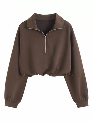 Half Zip Drawstring Hem Sweatshirt in cream with drawstring hem
