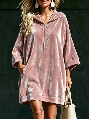Mauve hoodie dress with mini and half-zip