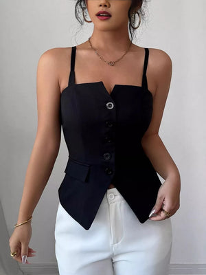 Black square neck button cami with adjustable straps and asymmetrical hem