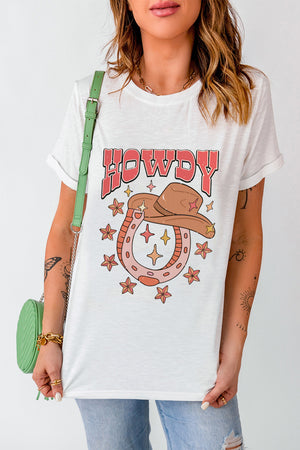 White crew neck t-shirt with a Howdy graphic featuring a cowboy hat and horseshoe.
