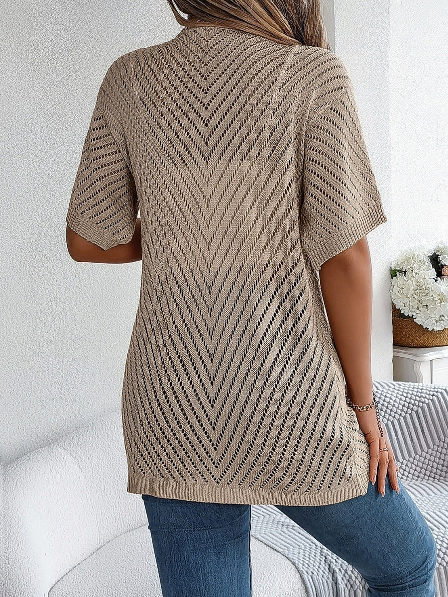 Khaki open-knit slouchy cardigan with short sleeves and chevron pattern.
