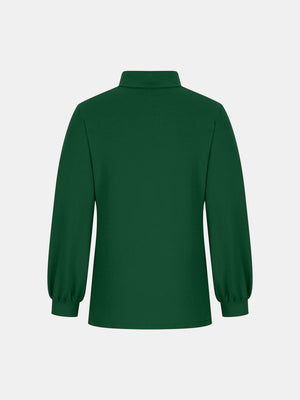Dark green mock neck puff sleeve top with button back detail