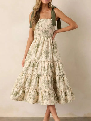 Floral tiered midi dress with smocked bodice and tie straps