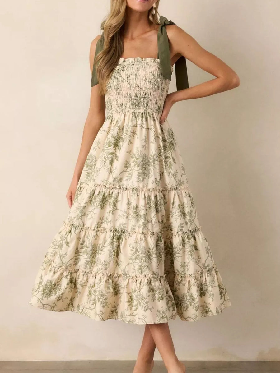 Floral tiered midi dress with smocked bodice and tie straps