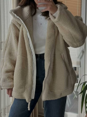 Coffee-Ribbed sherpa jacket with pocketed and long sleeve