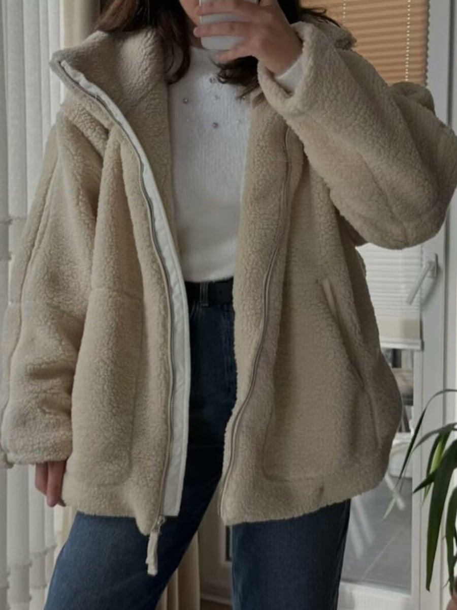 Coffee-Ribbed sherpa jacket with pocketed and long sleeve