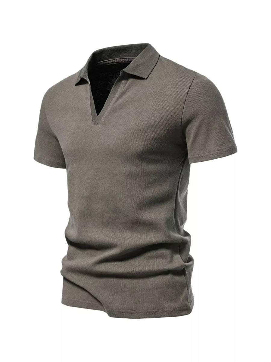 Men's short sleeve polo shirt in Army Green with a notched collar and textured fabric.