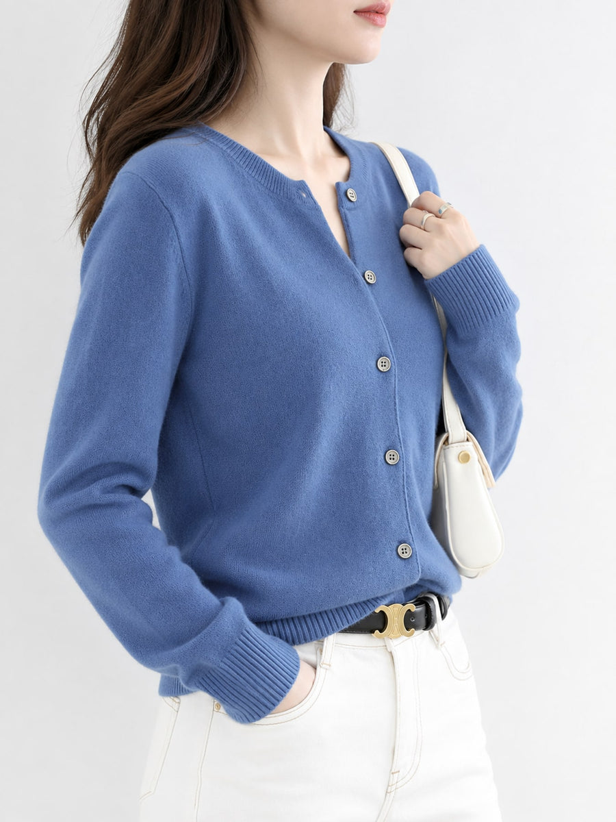White cardigan with hip-length and button-front
