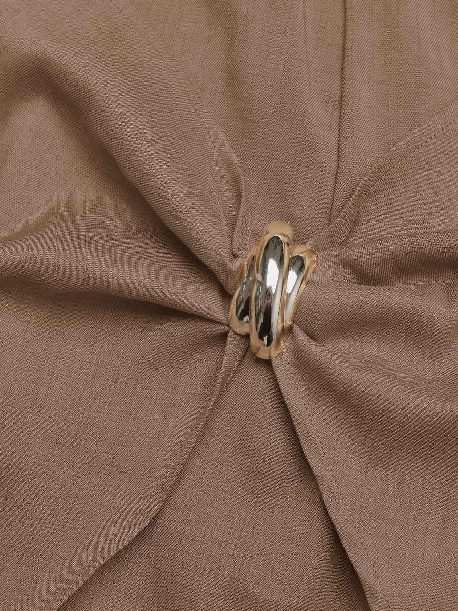 Brown draped dress with gold ring detail