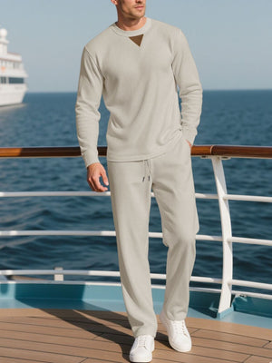 Men's Casual Crewneck Sweatshirt And Jogger Set in Navy Blue with two-piece