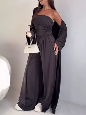 Black with Strapless Ruched Crop Top & Wide-leg Pants Set