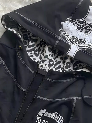 Black zip hoodie with hip-length and zip-front